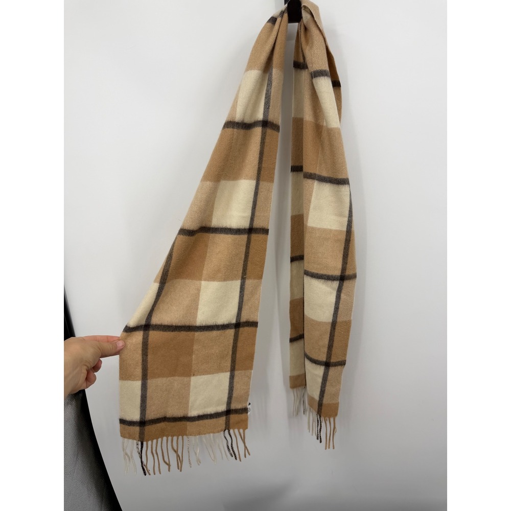 Nordstrom Rack Cashmere Plaid Scarf Womens OS Tan Cream Fringe Luxury Soft